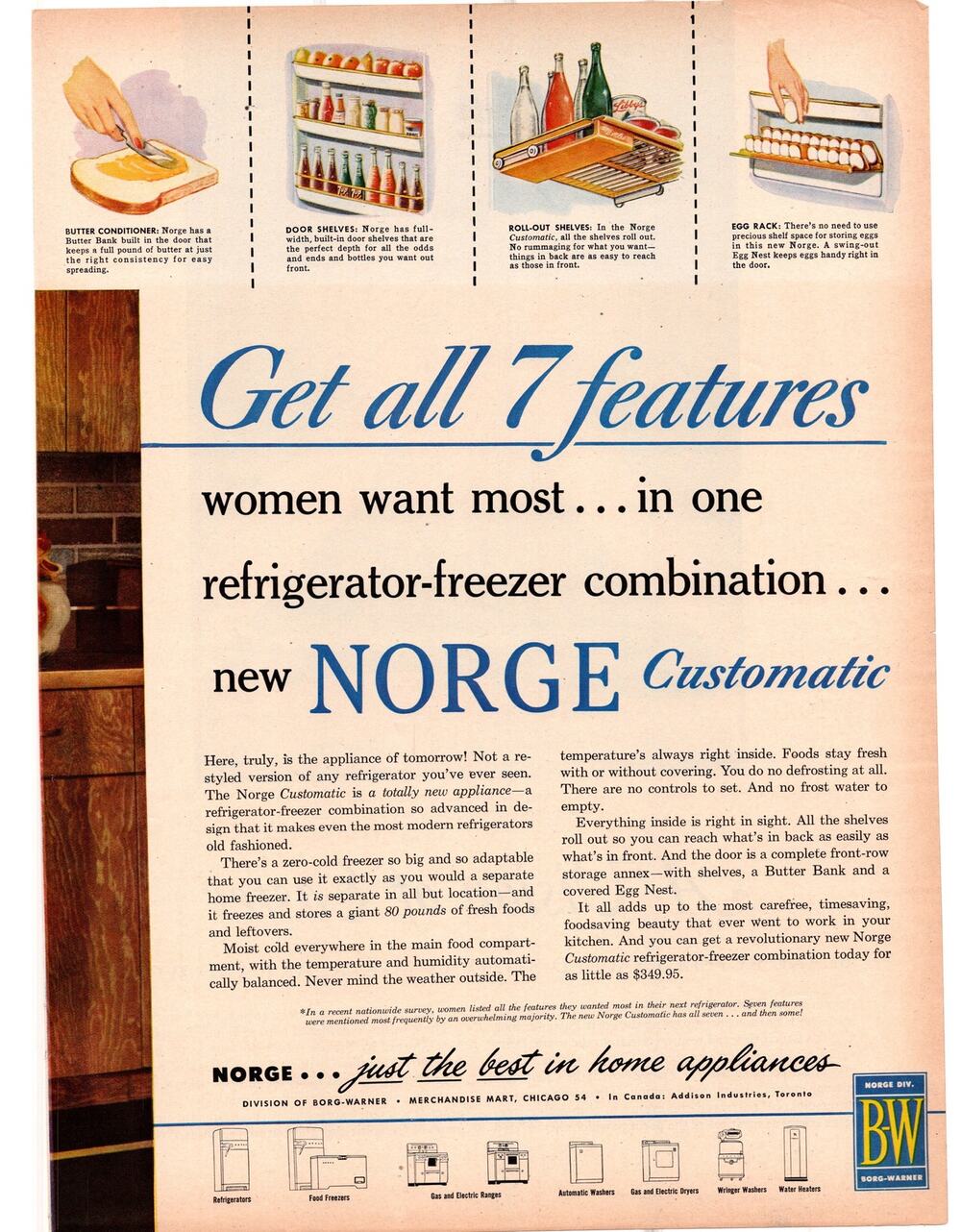 Borg Warner Norge Customatic Refrigerator Advertisement Vintage 1954 Appliance